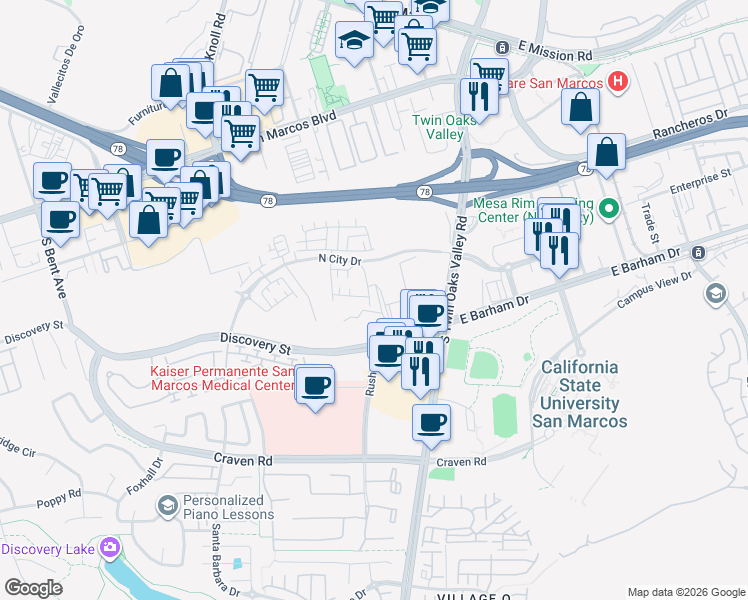 map of restaurants, bars, coffee shops, grocery stores, and more near 209 Shubin Lane in San Marcos