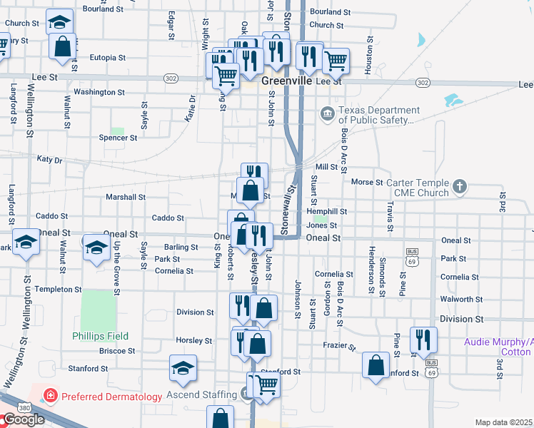 map of restaurants, bars, coffee shops, grocery stores, and more near 3302 Stonewall Street in Greenville
