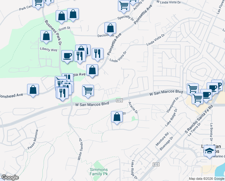 map of restaurants, bars, coffee shops, grocery stores, and more near 2115 Solara Lane in Vista