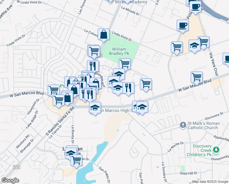 map of restaurants, bars, coffee shops, grocery stores, and more near 1460 West San Marcos Boulevard in San Marcos