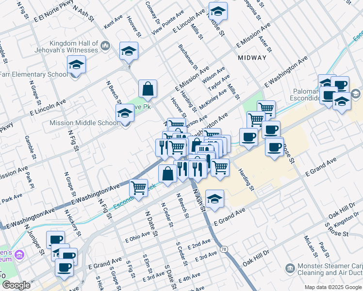 map of restaurants, bars, coffee shops, grocery stores, and more near North Ash Street & East Washington Avenue in Escondido
