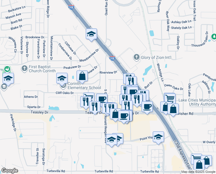 map of restaurants, bars, coffee shops, grocery stores, and more near 3150 Garrison Rd in Corinth