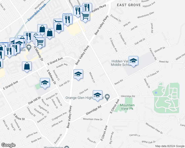 map of restaurants, bars, coffee shops, grocery stores, and more near 2231 Oak Hill Drive in Escondido