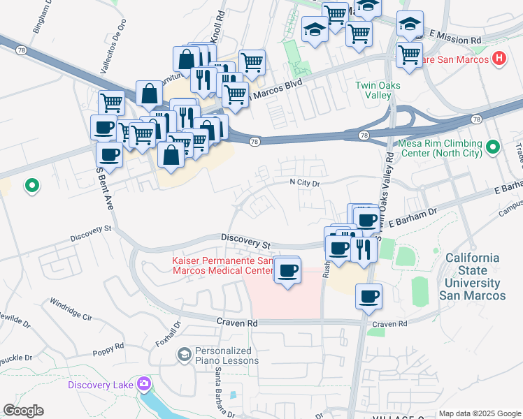 map of restaurants, bars, coffee shops, grocery stores, and more near 349 Discovery Street in San Marcos
