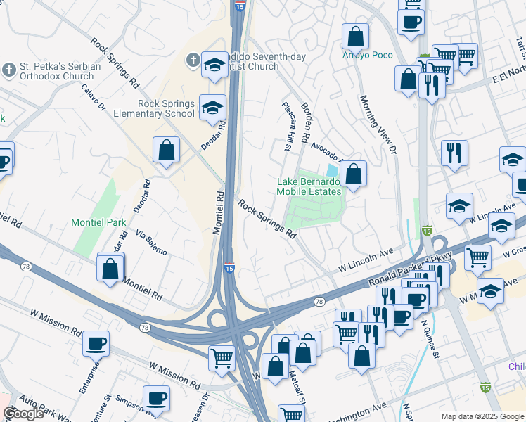 map of restaurants, bars, coffee shops, grocery stores, and more near 1031 Silver Springs Place in Escondido
