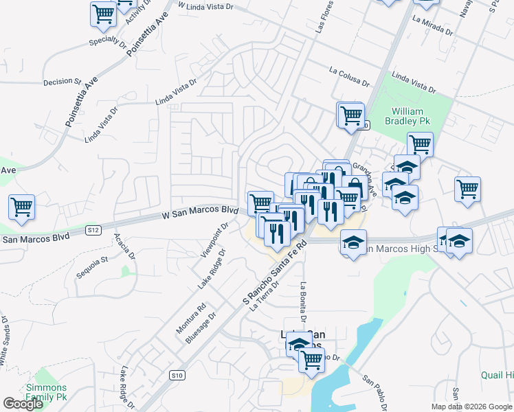 map of restaurants, bars, coffee shops, grocery stores, and more near Elm St in San Marcos