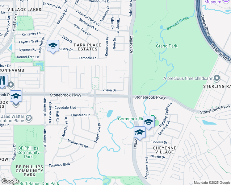 map of restaurants, bars, coffee shops, grocery stores, and more near 4341 Vivion Drive in Frisco