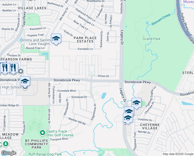 map of restaurants, bars, coffee shops, grocery stores, and more near 4209 Vivion Drive in Frisco
