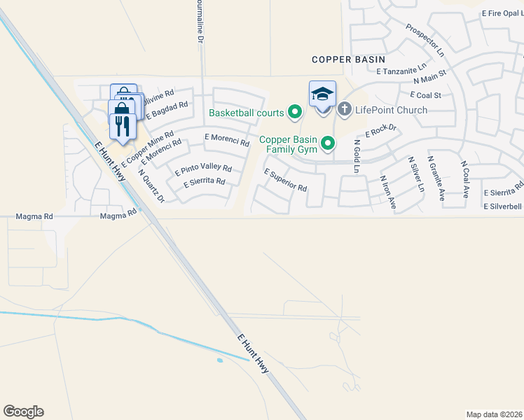map of restaurants, bars, coffee shops, grocery stores, and more near 3312 East Silverbell Road in Queen Creek