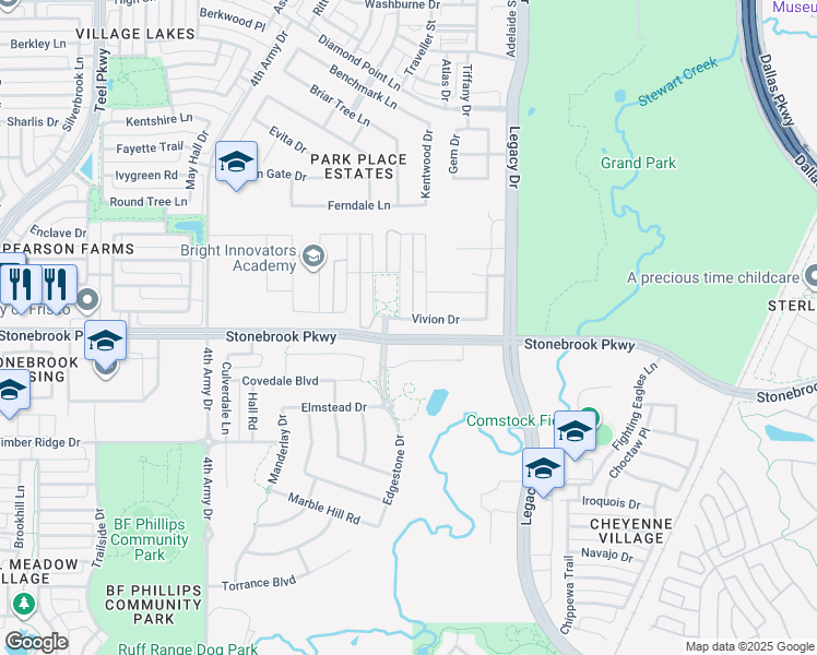 map of restaurants, bars, coffee shops, grocery stores, and more near 4155 Vivion Drive in Frisco