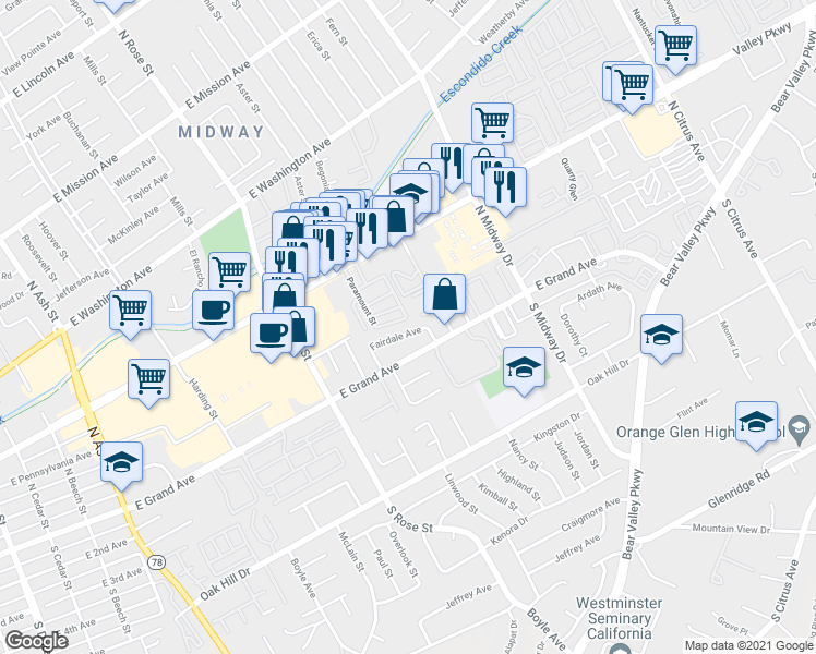 map of restaurants, bars, coffee shops, grocery stores, and more near 1746 Fairdale Avenue in Escondido