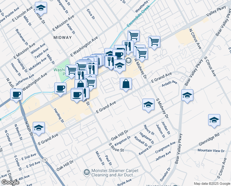 map of restaurants, bars, coffee shops, grocery stores, and more near 1746 Fairdale Avenue in Escondido