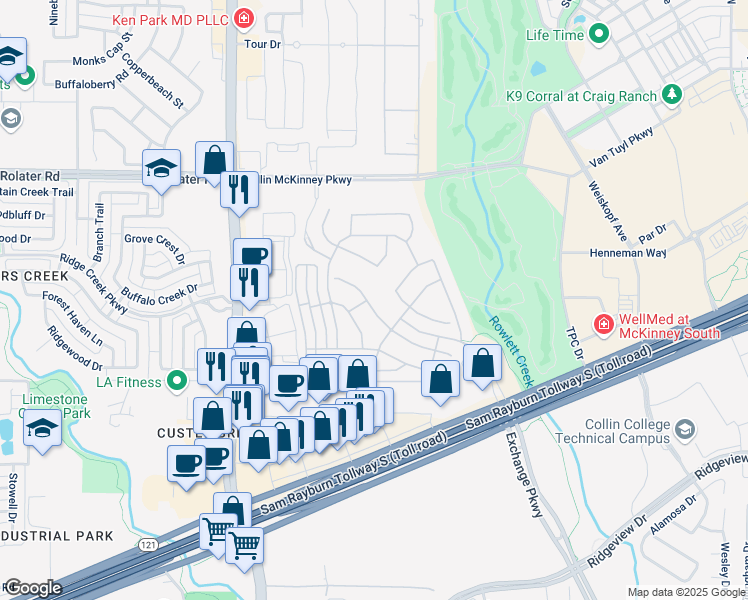 map of restaurants, bars, coffee shops, grocery stores, and more near 8604 Pine Valley Drive in McKinney