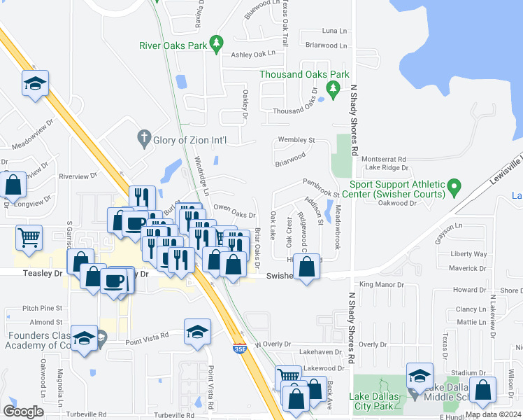 map of restaurants, bars, coffee shops, grocery stores, and more near 538 Briar Oaks Drive in Lake Dallas
