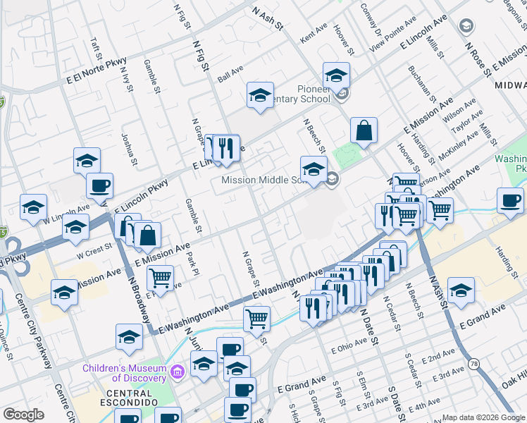 map of restaurants, bars, coffee shops, grocery stores, and more near 720 East Mission Avenue in Escondido