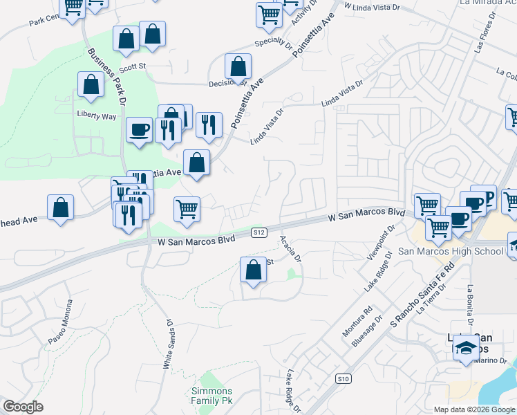 map of restaurants, bars, coffee shops, grocery stores, and more near 2459 Verano Way in Vista