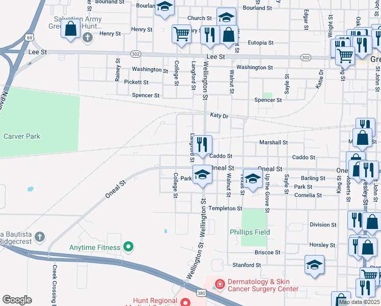 map of restaurants, bars, coffee shops, grocery stores, and more near 3315 College Street in Greenville