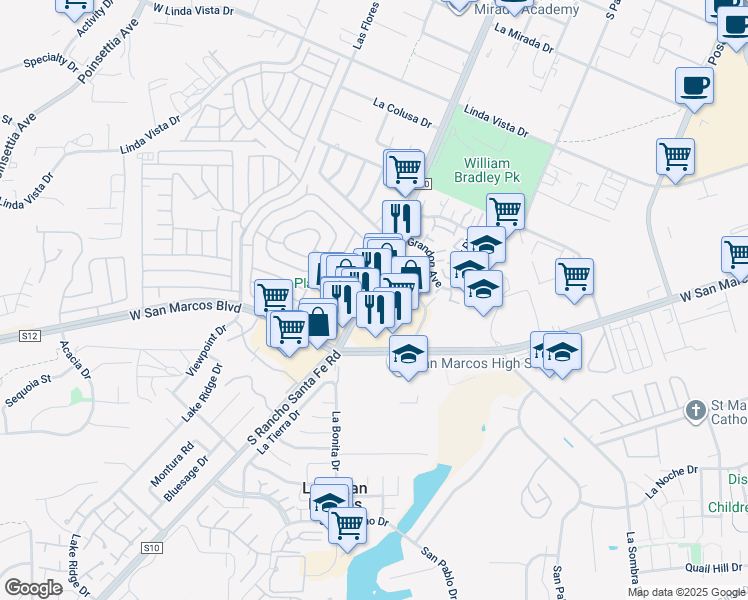 map of restaurants, bars, coffee shops, grocery stores, and more near 664 South Rancho Santa Fe Road in San Marcos