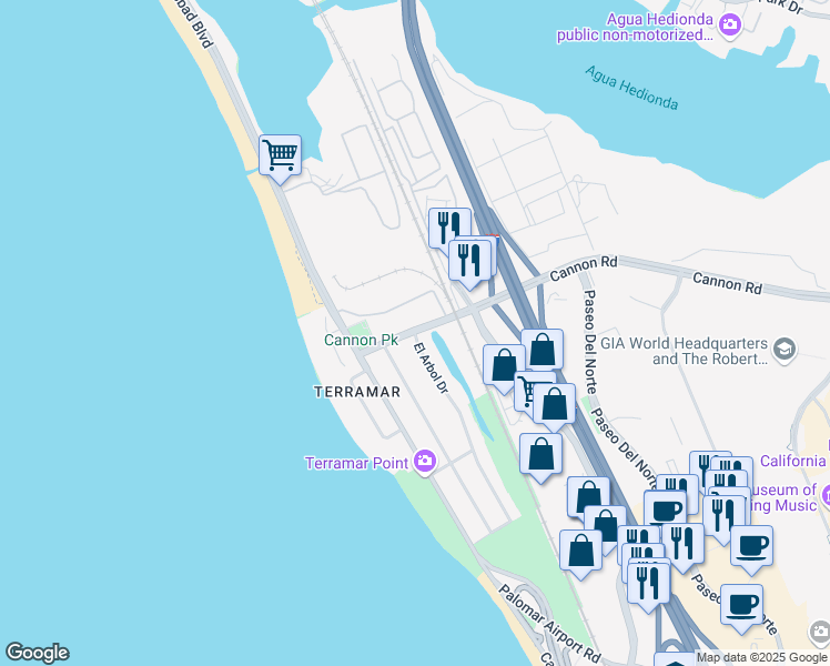 map of restaurants, bars, coffee shops, grocery stores, and more near Cannon Rd & El Arbol Dr in Carlsbad