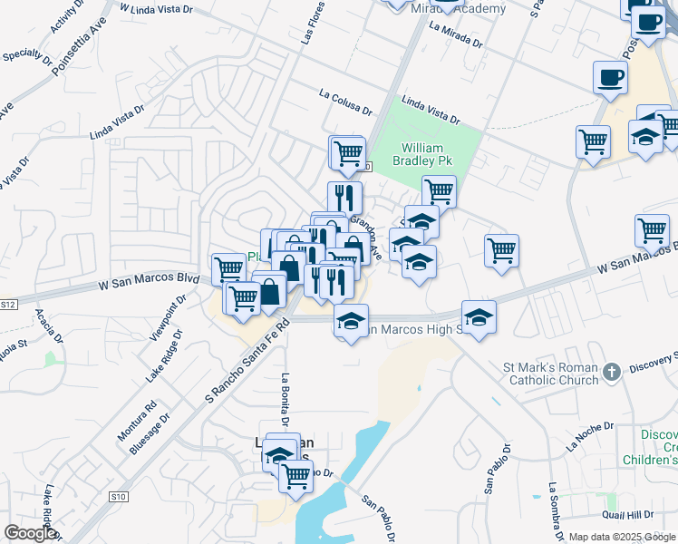map of restaurants, bars, coffee shops, grocery stores, and more near 637 South Rancho Santa Fe Road in San Marcos