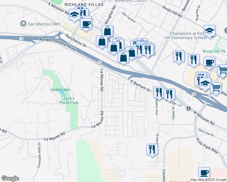 map of restaurants, bars, coffee shops, grocery stores, and more near 1145 East Barham Drive in San Marcos