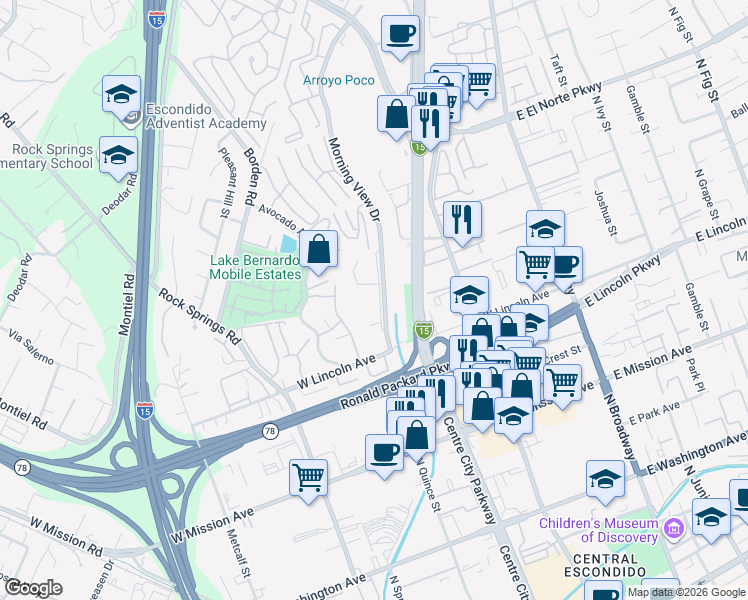 map of restaurants, bars, coffee shops, grocery stores, and more near 1045 Morning View Drive in Escondido