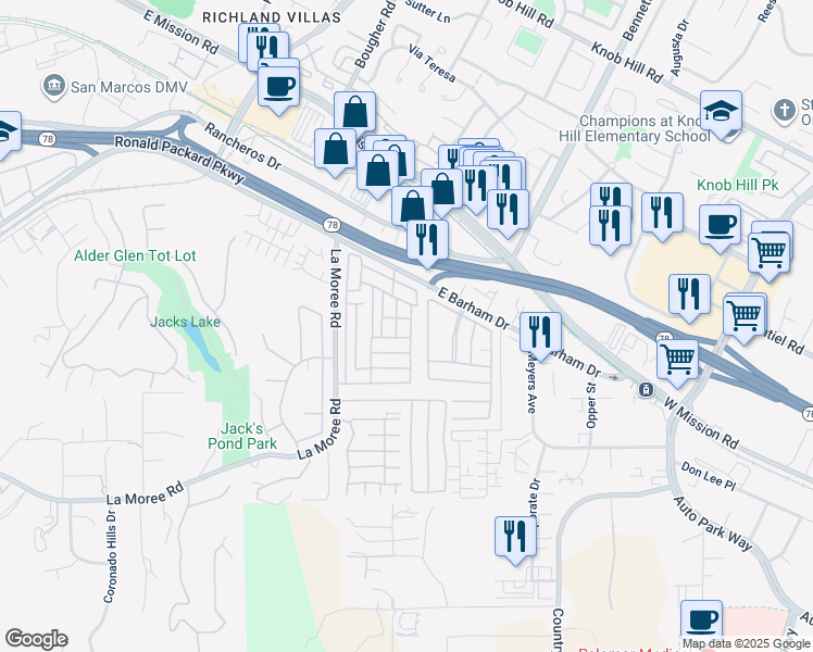 map of restaurants, bars, coffee shops, grocery stores, and more near 1145 East Barham Drive in San Marcos
