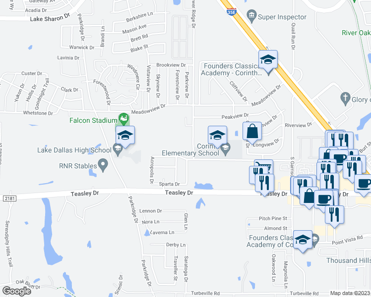 map of restaurants, bars, coffee shops, grocery stores, and more near 3250 Tower Ridge Drive in Corinth