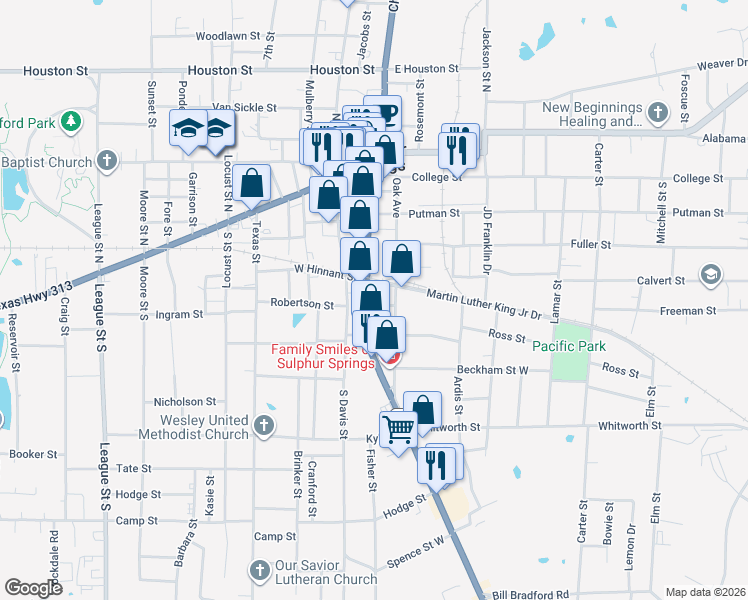 map of restaurants, bars, coffee shops, grocery stores, and more near 630 Gilmer Street in Sulphur Springs