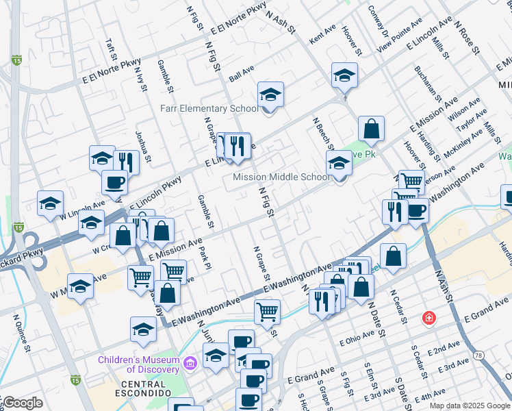 map of restaurants, bars, coffee shops, grocery stores, and more near 819 North Fig Street in Escondido