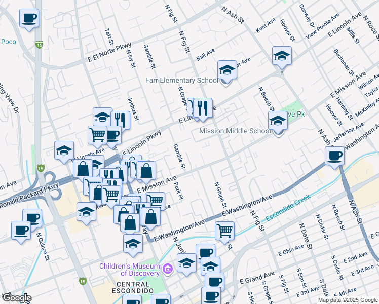 map of restaurants, bars, coffee shops, grocery stores, and more near 892 Gamble Street in Escondido