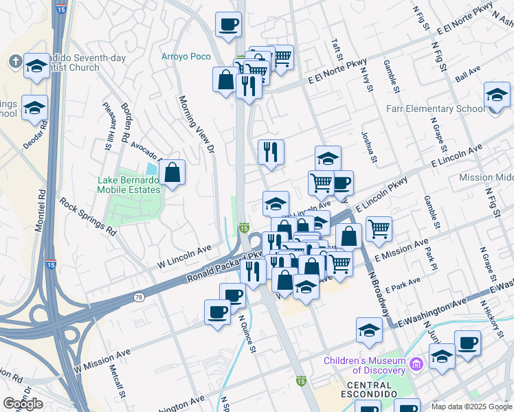 map of restaurants, bars, coffee shops, grocery stores, and more near 110 North Escondido Boulevard in Escondido