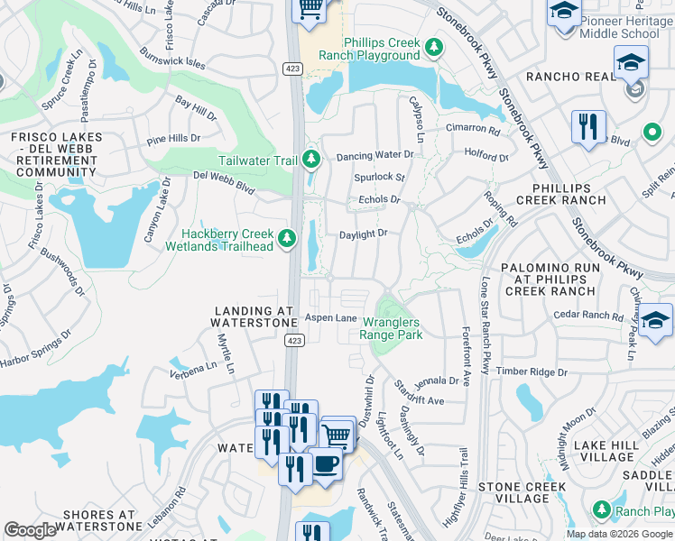 map of restaurants, bars, coffee shops, grocery stores, and more near 6569 Curwen Lane in Frisco