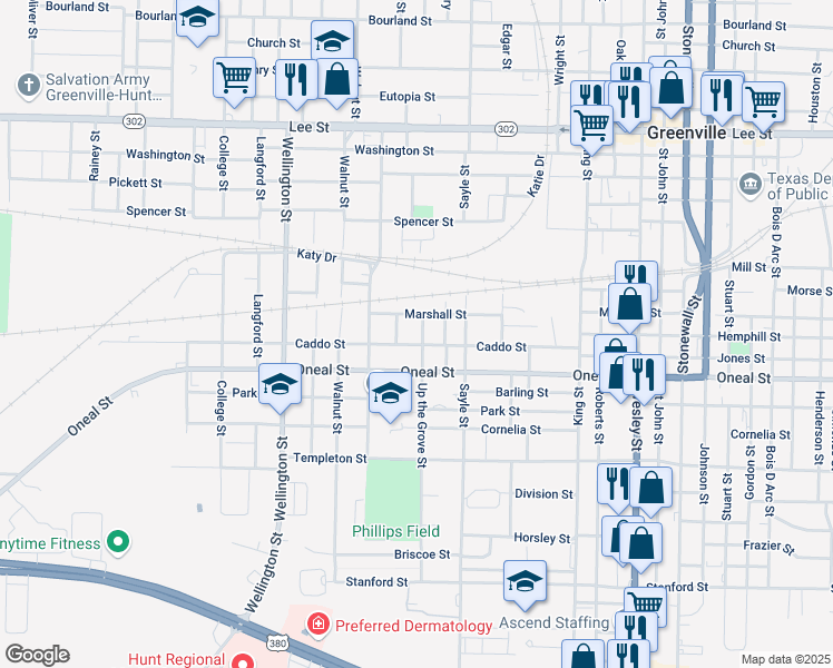 map of restaurants, bars, coffee shops, grocery stores, and more near 3605 Marshall Street in Greenville