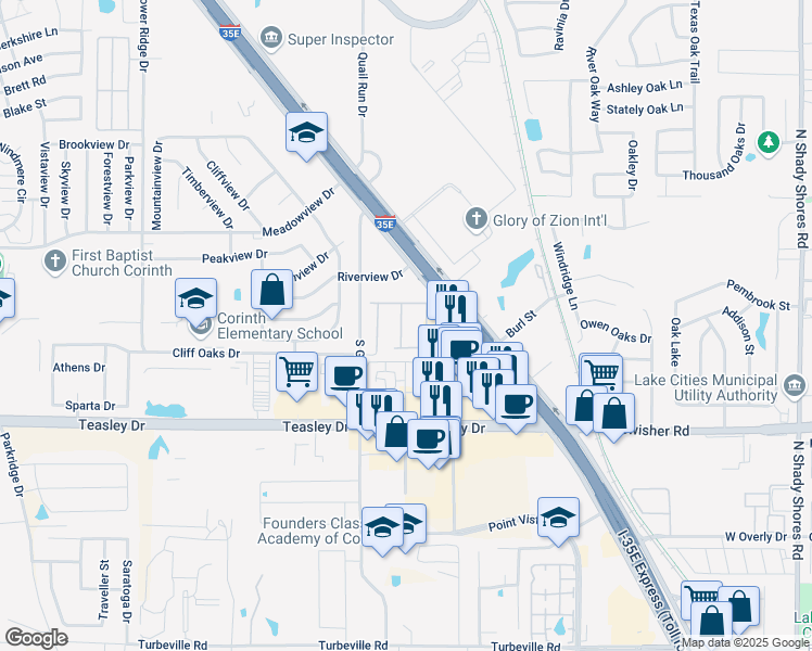 map of restaurants, bars, coffee shops, grocery stores, and more near 3150 South Garrison Road in Corinth