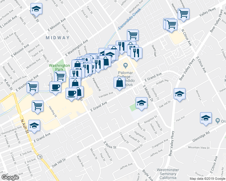 map of restaurants, bars, coffee shops, grocery stores, and more near 1760 Fairdale Avenue in Escondido