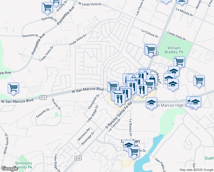 map of restaurants, bars, coffee shops, grocery stores, and more near 1767-1795 West San Marcos Boulevard in San Marcos