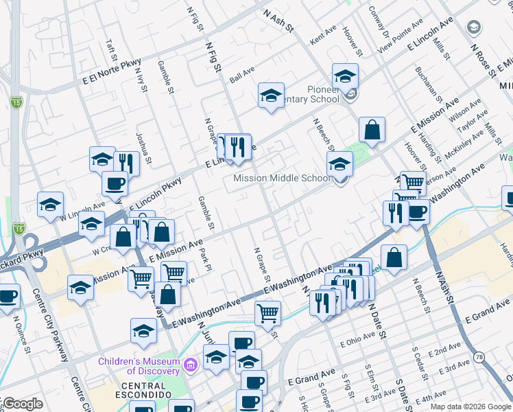 map of restaurants, bars, coffee shops, grocery stores, and more near 819 North Fig Street in Escondido