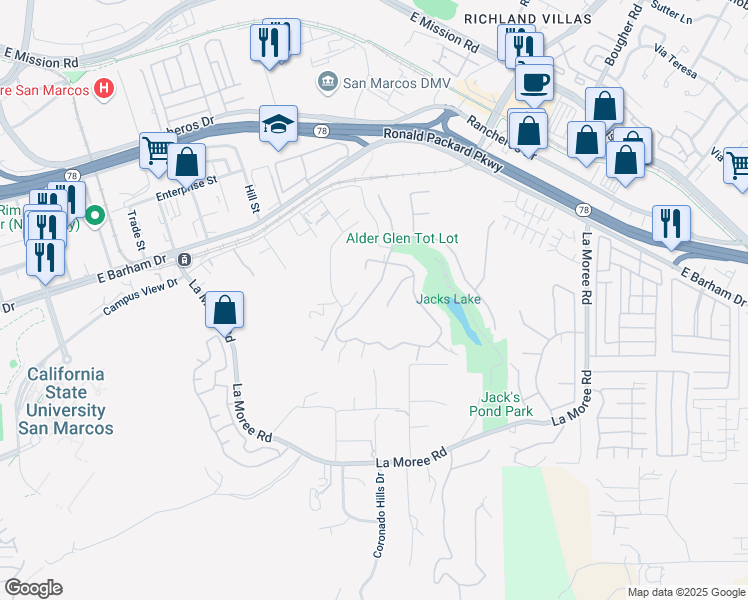 map of restaurants, bars, coffee shops, grocery stores, and more near 430 Silver Shadow Drive in San Marcos