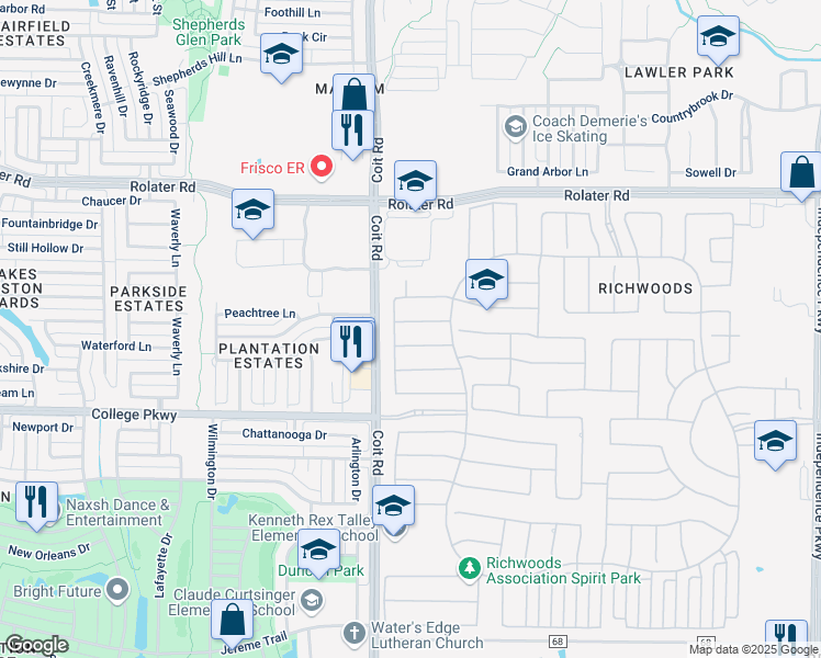 map of restaurants, bars, coffee shops, grocery stores, and more near 12883 Lourdes Lane in Frisco