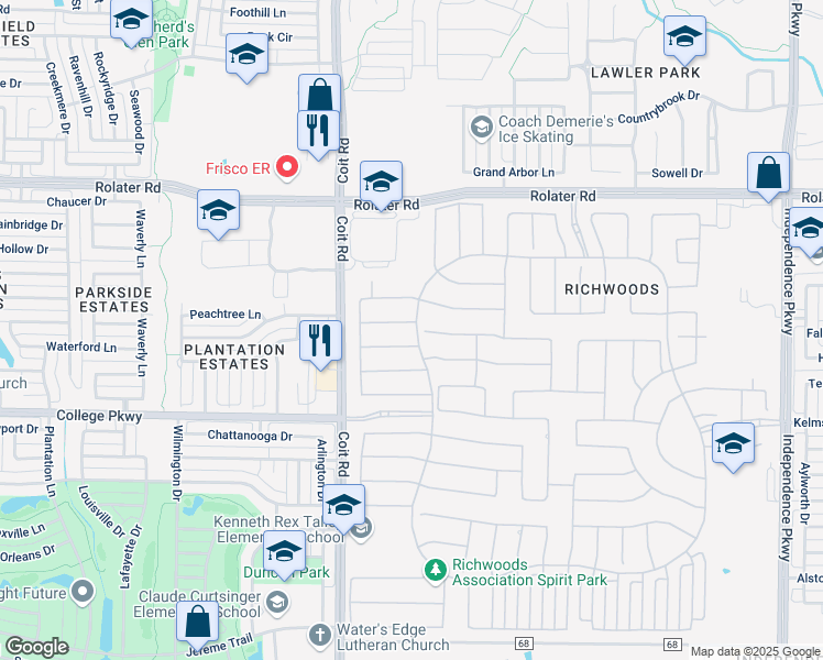 map of restaurants, bars, coffee shops, grocery stores, and more near 13110 Mardi Gras Lane in Frisco