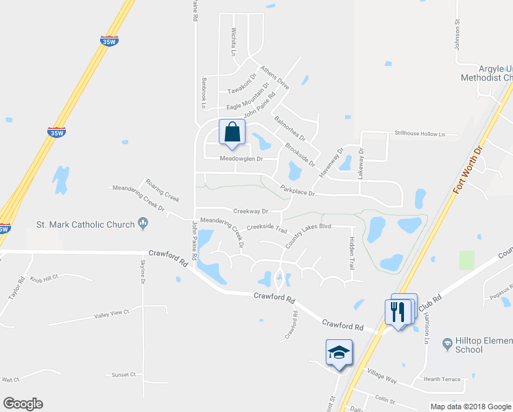map of restaurants, bars, coffee shops, grocery stores, and more near 5708 Creekway Drive in Argyle