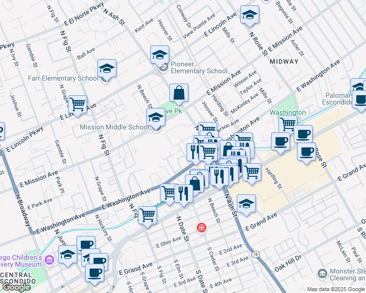 map of restaurants, bars, coffee shops, grocery stores, and more near 665 Beechwood Street in Escondido