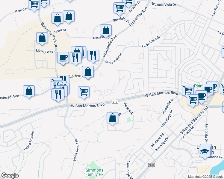 map of restaurants, bars, coffee shops, grocery stores, and more near 2460 Solara Lane in Vista