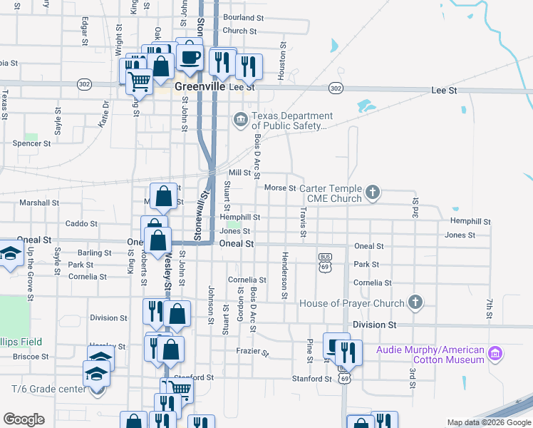map of restaurants, bars, coffee shops, grocery stores, and more near 3307 Bois D Arc Street in Greenville