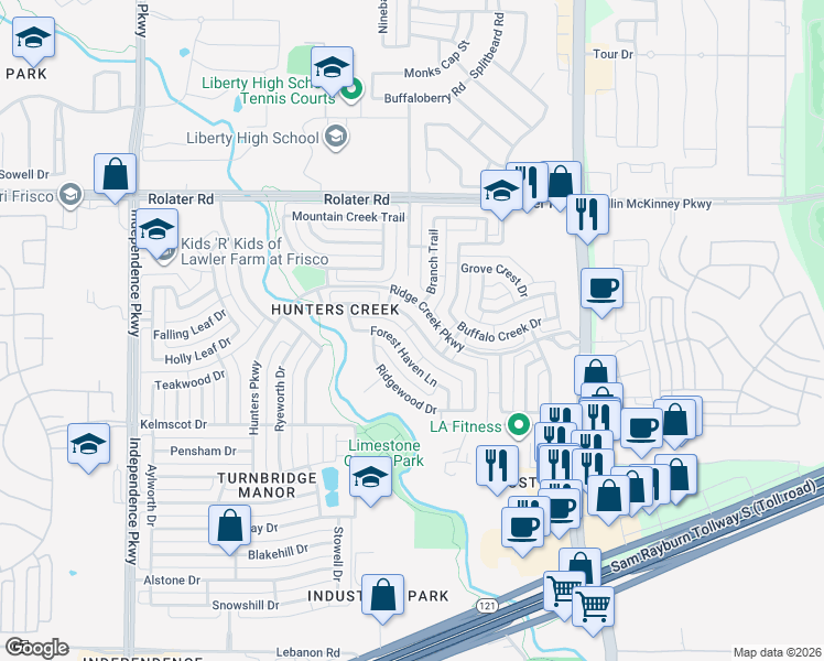 map of restaurants, bars, coffee shops, grocery stores, and more near 15421 Mountain View Lane in Frisco