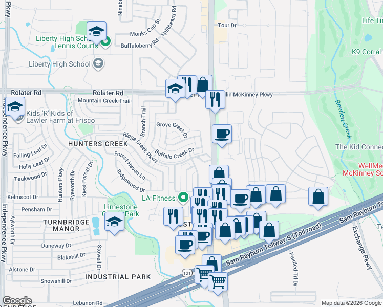 map of restaurants, bars, coffee shops, grocery stores, and more near 15905 Buffalo Creek Drive in Frisco