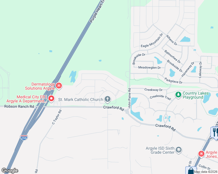 map of restaurants, bars, coffee shops, grocery stores, and more near 6221 Meandering Creek Drive in Argyle