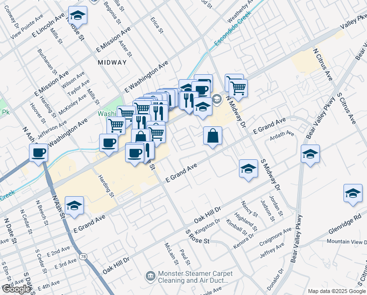 map of restaurants, bars, coffee shops, grocery stores, and more near 15 Mayflower Avenue in Escondido