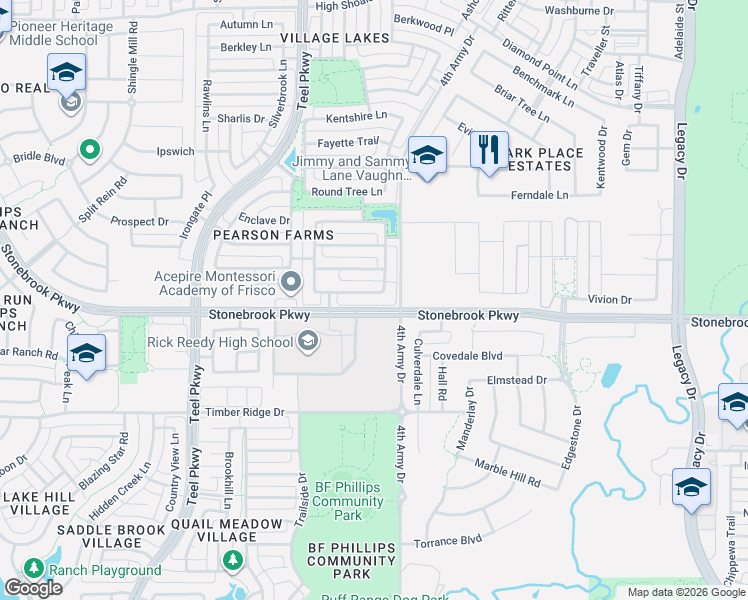 map of restaurants, bars, coffee shops, grocery stores, and more near 3295 Bainbridge Lane in Frisco